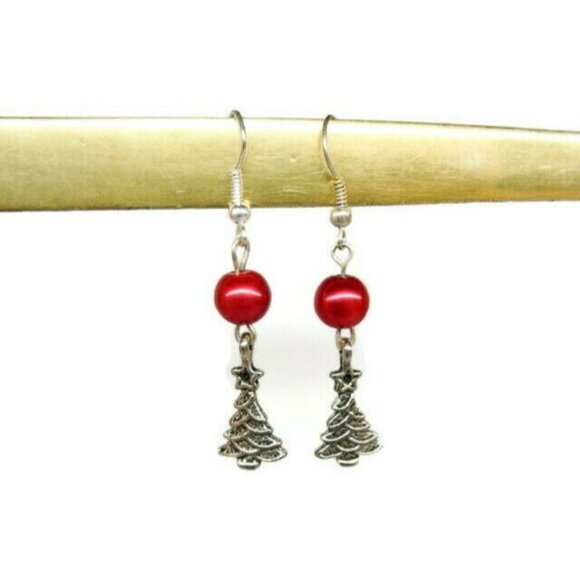 Christmas Tree Red Ball Silver Tone Vertical Drop Dangle Hook Earrings Womans - Picture 1 of 7